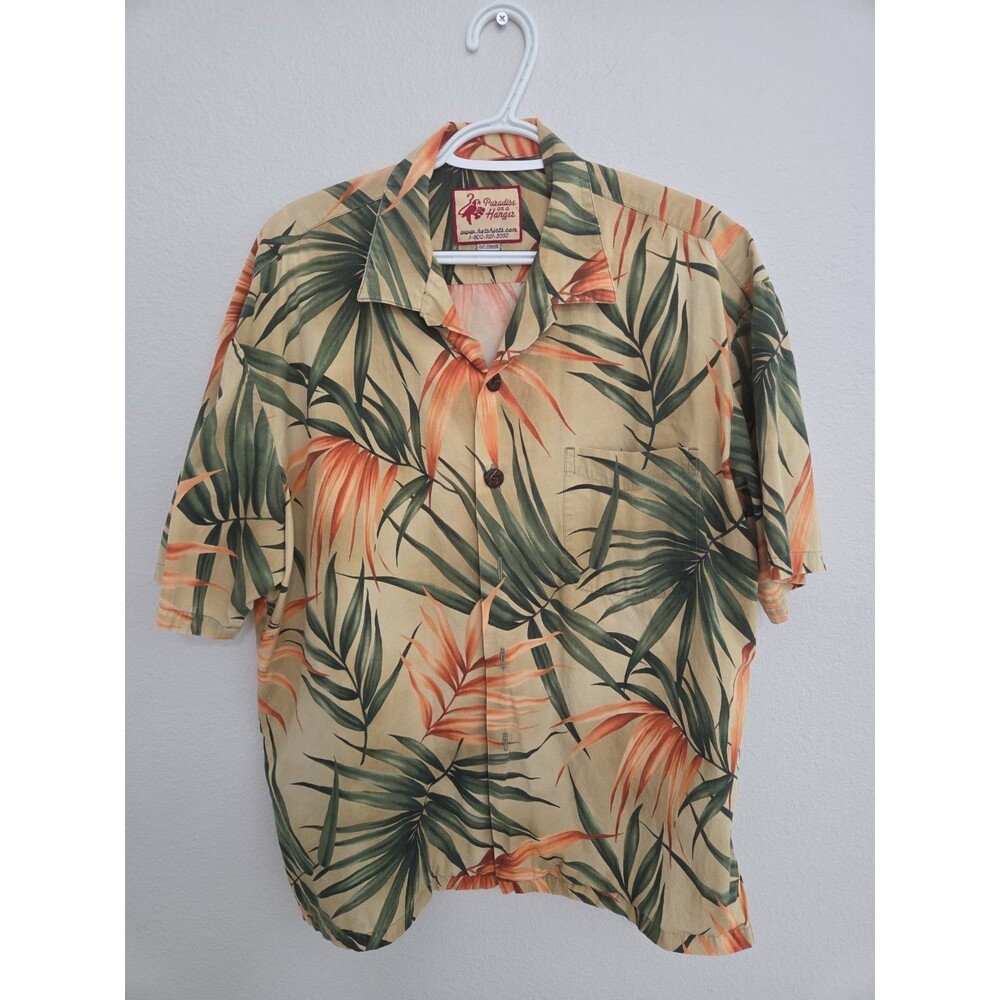 PARADISE ON A HANGAR Mens Large Vintage Hawaiian Palm Leaf Short Sleeve Shirt